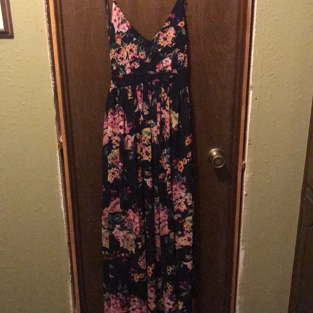 Navy and floral long backless dress